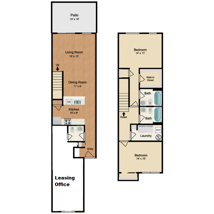 Floor plan for 2 beds, 2.5 baths, 1506 sqft